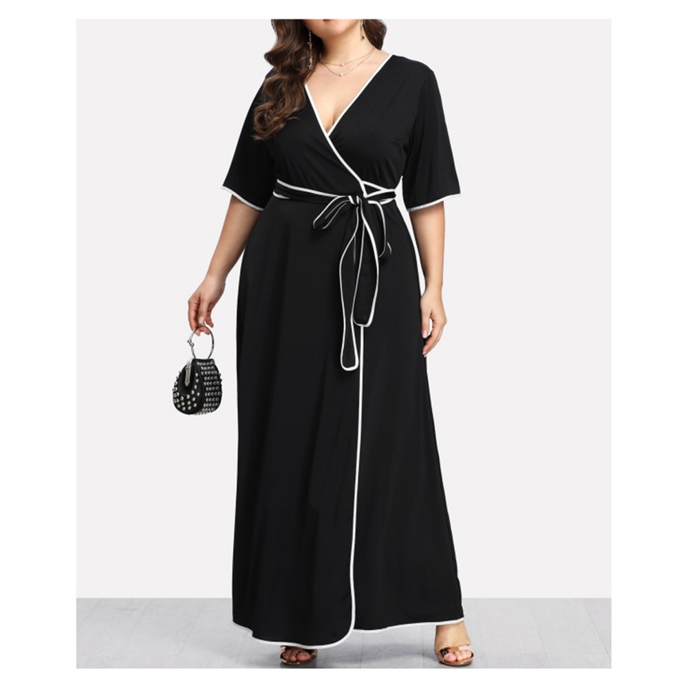 Black V Neck Short Sleeve Self Tie Wrap Maxi Dress - Picture 3 of 4